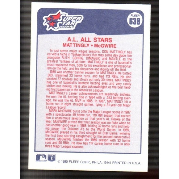 1990 Don Mattingly / Mark McGwire Fleer Baseball Card #638 - Picture 2 of 2